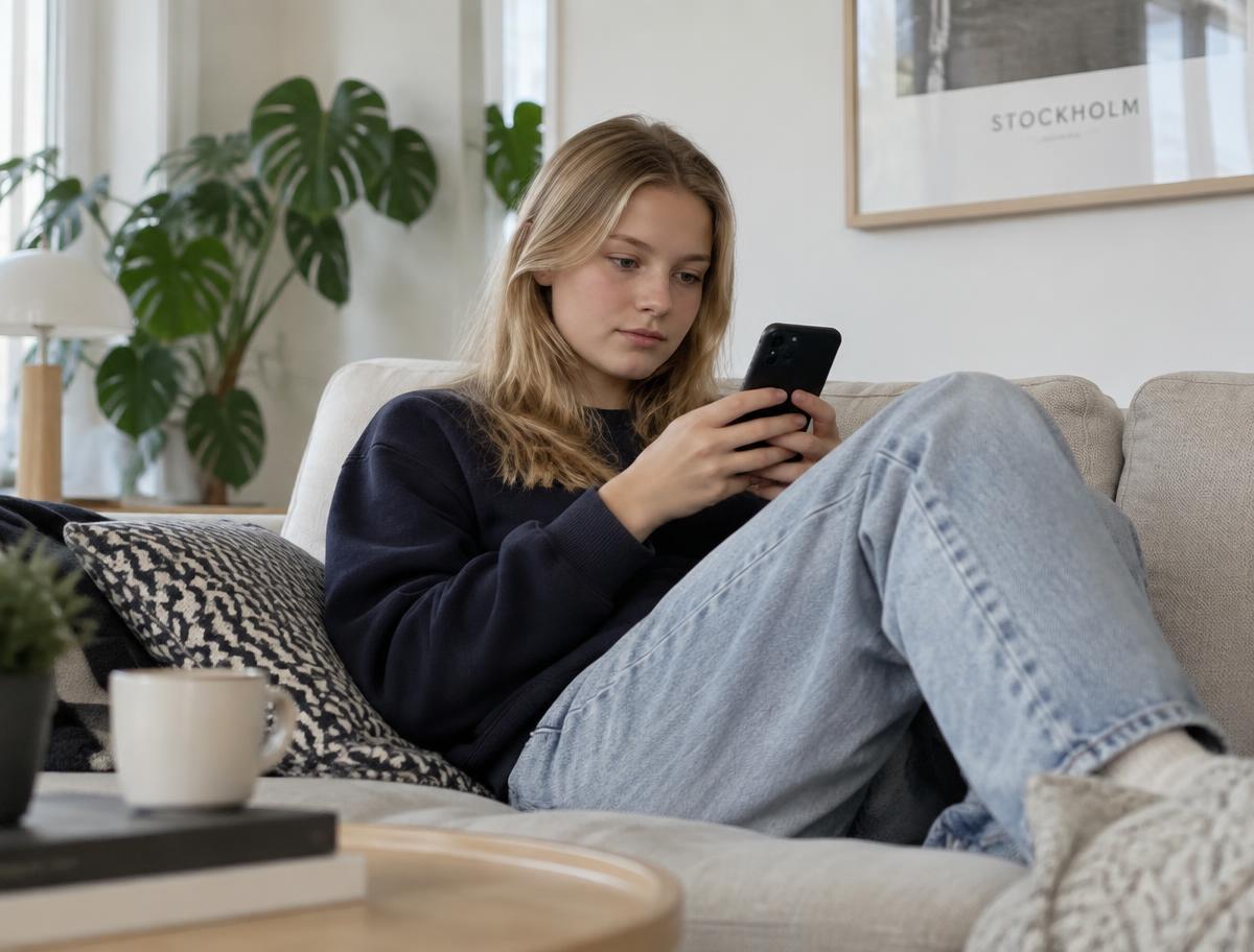 Tjej pluggar AM-teori i mobilen i soffan
