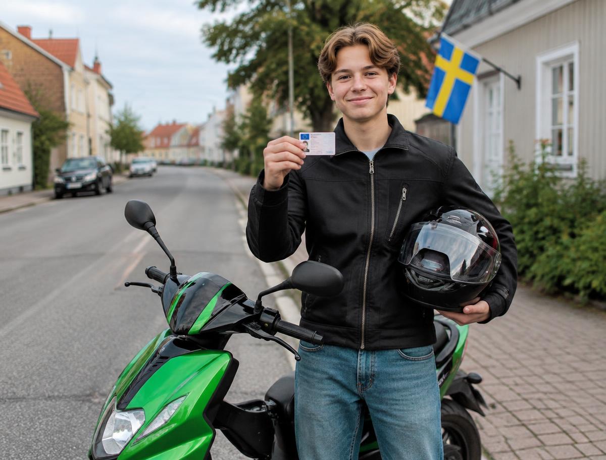 Kille visar upp sitt nya AM-körkort bredvid sin moped