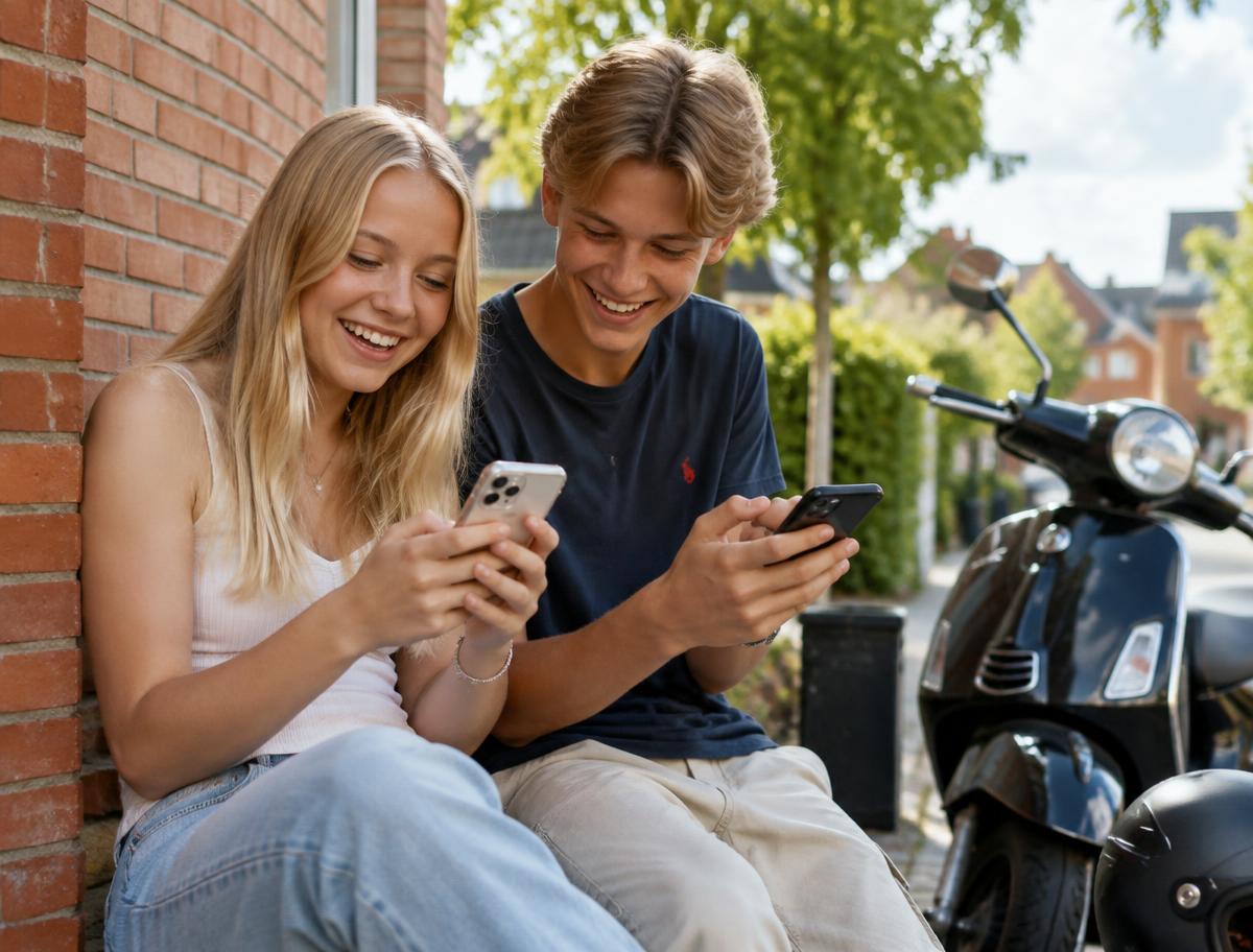 Två kompisar spelar frågespel om moped i mobilen