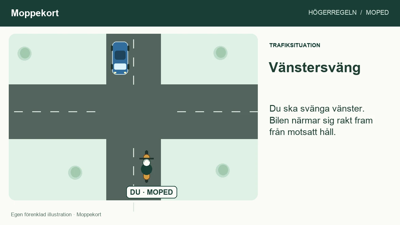 Moped inför vänstersväng och mötande bil på motsatt sida av samma väg